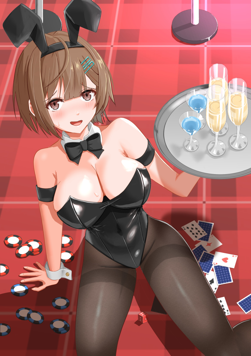 absurdres ace_(playing_card) ace_of_diamonds ace_of_hearts ace_of_spades animal_ears armband black_armband black_bow black_bowtie black_leotard black_pantyhose bow bowtie breasts brown_eyes brown_hair card champagne_flute cleavage cup diamond_(shape) drinking_glass fake_animal_ears female hair_ornament hairclip harman_game heart highres large_breasts leotard original pantyhose playboy_bunny playing_card poker_chip short_hair solo spade_(shape) ten_of_spades thighband_pantyhose tile_floor tiles tray wine_glass