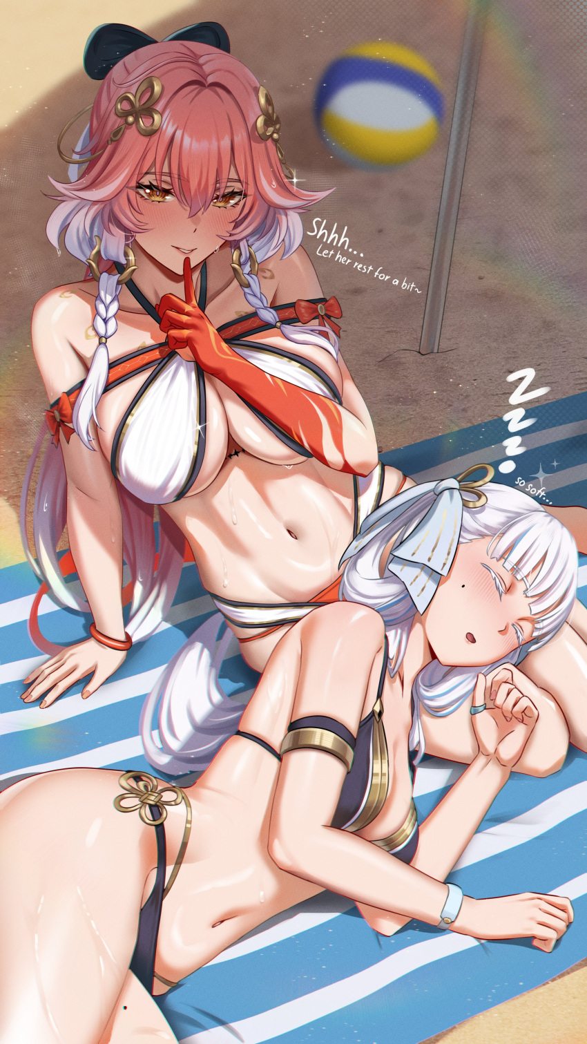 2girls absurdres alternate_costume arm_support bare_shoulders beach beach_towel beach_umbrella bikini black_bikini black_bow blurry blurry_background blush body_markings bow braid breasts bright_pupils changli_(wuthering_waves) cleavage closed_eyes collarbone colored_extremities commentary cruzvu english_commentary english_text finger_to_mouth hair_between_eyes hair_extensions hair_intakes hair_ornament hairbow highres jinhsi_(wuthering_waves) lap_pillow large_breasts long_hair looking_at_viewer lying mole mole_on_cheek mole_on_thigh multicolored_hair multiple_girls navel on_side open_mouth pink_hair red_hands sand shushing sitting sleeping smile stomach swimsuit tacet_mark_(wuthering_waves) towel twin_braids two-tone_hair two_side_up umbrella very_long_hair wet white_bikini white_bow white_eyelashes white_hair white_pupils wuthering_waves yellow_eyes yokozuwari