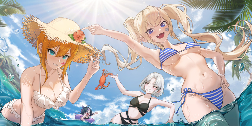 4girls absurdres ahoge aqua_eyes bikini black_bikini black_hair black_one-piece_swimsuit blonde_hair blue_bikini blue_eyes blue_sky breasts cleavage clenched_teeth cloud commentary crab drake_(nikke) english_commentary goddess_of_victory:_nikke hair_ornament hair_ribbon highres kimright0 laplace_(nikke) long_hair matis_(nikke) maxwell_(nikke) medium_breasts medium_hair multiple_girls oerba_yun_fang one-piece_swimsuit open_mouth orange_hair outdoors palm_tree red_eyes ribbon short_hair sky smile sparkle sticker sticker_on_face striped_bikini striped_clothes sunlight swim_ring swimming swimsuit syuen_(nikke) tearing_up teeth tree twintails water water_drop wet white_bikini white_hair