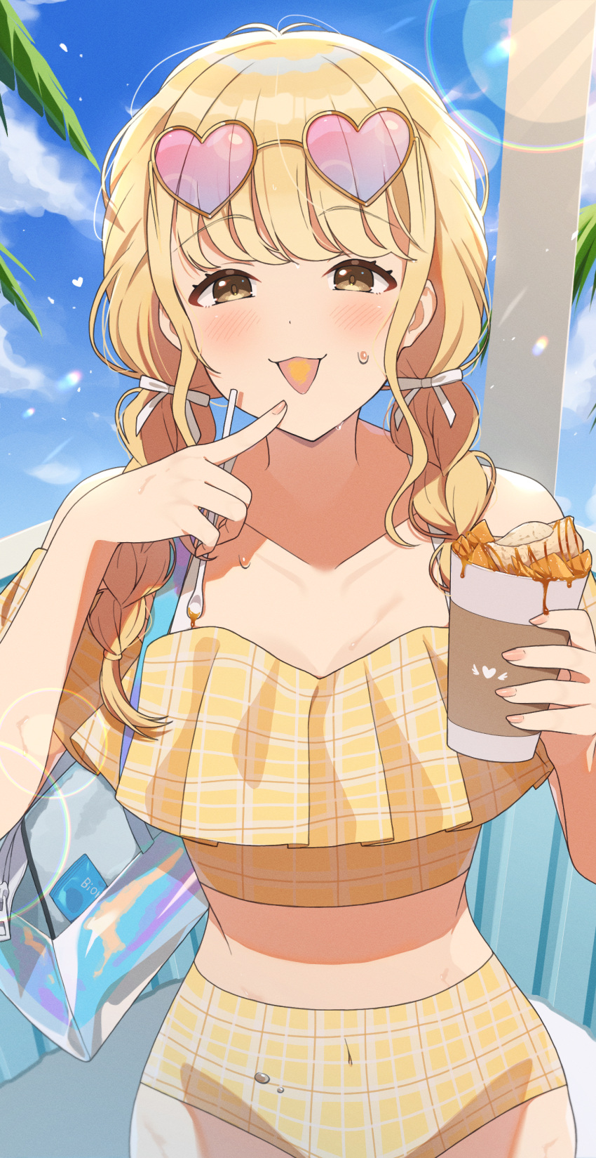 :3 absurdres bag bikini blonde_hair blue_sky blush braid breasts brown_eyes collarbone commentary covered_navel cowboy_shot cup disposable_cup eyewear_on_head female frappuccino frilled_bikini frills fujita_kotone gakuen_idolmaster glasses hair_ribbon heart heart-shaped_eyewear highres holding holding_cup holding_spoon idolmaster juu_10 lens_flare long_hair looking_at_viewer low_twin_braids midriff pink-tinted_eyewear plaid_bikini plaid_clothes ribbon shoulder_bag sky small_breasts solo spoon sweat swimsuit tinted_eyewear tongue tongue_out twin_braids white_ribbon yellow_bikini