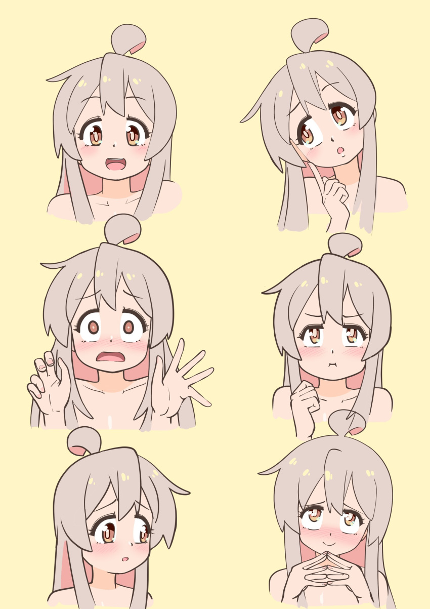 :d :i :o absurdres ahoge blush brown_eyes clenched_hand collarbone commentary constricted_pupils dot_nose expressions female hair_between_eyes happyundergate head_tilt highres index_finger_raised long_hair looking_at_viewer multiple_views nose_blush onii-chan_wa_oshimai! open_mouth oyama_mahiro pink_hair pout sidelocks simple_background smile steepled_fingers surprised yellow_background