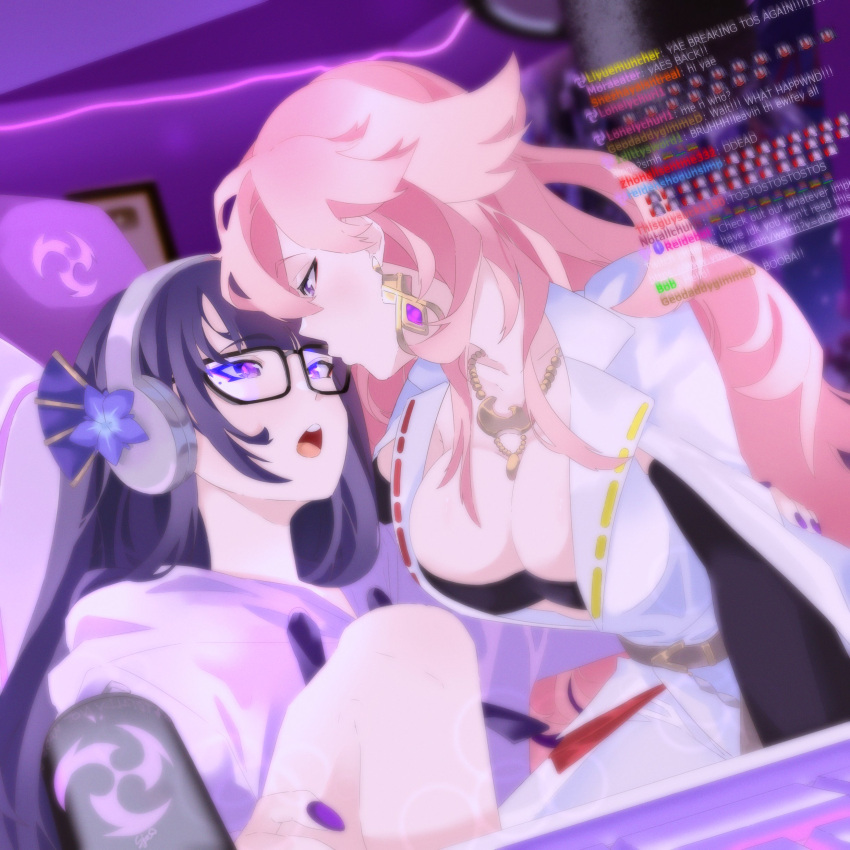 2girls absurdres alternate_costume animal_ears black_bra bra breasts cleavage coat coat_on_shoulders earrings electro_symbol_(genshin_impact) fox_ears genshin_impact gja glasses headphones highres hood hoodie imminent_kiss jewelry kissing large_breasts livestream long_hair mole mole_under_eye multiple_girls nail_polish official_alternate_costume pants pink_hair purple_eyes purple_hair purple_headphones purple_hoodie purple_nails raiden_shogun raiden_shogun_(2nd_anniversary) twitch_chat underwear white_coat white_pants yae_miko yae_miko_(2nd_anniversary) yuri