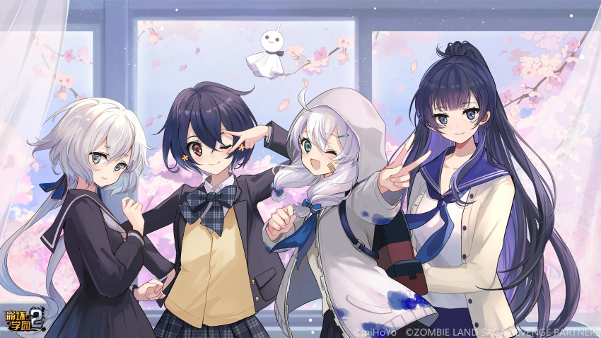 4girls ahoge bag benghuai_xueyuan black_hair blue_hair brown_eyes closed_mouth crossover green_eyes highres honkai_(series) hood hooded_jacket indoors jacket kiana_kaslana konno_junko long_hair mizuno_ai multiple_girls necktie official_art one_eye_closed open_mouth purple_eyes purple_hair raiden_mei school_uniform second-party_source short_hair skirt white_hair window zombie_land_saga