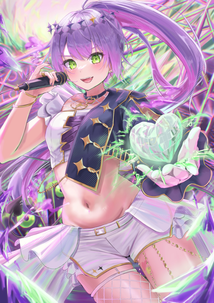 absurdres bracelet commentary_request demon_tail female gloves green_eyes heart highres holding holding_microphone hololive jewelry long_hair microphone midriff navel ponytail purple_hair purple_nails ring shorts single_glove single_thighhigh tail thighhighs tokoyami_towa tokoyami_towa_(break_your_xxx) user_juhv8242 virtual_youtuber white_shorts