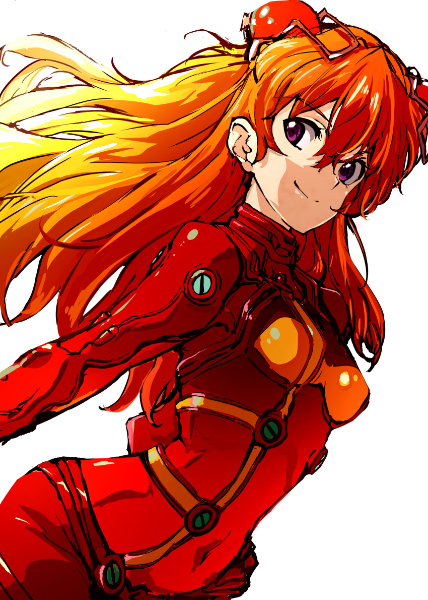 absurdres blue_eyes bodysuit bracer breasts cleavage female fujimoto_satoru hair_ornament hairpods highres interface_headset long_hair looking_at_viewer multicolored_bodysuit multicolored_clothes neon_genesis_evangelion nerv orange_bodysuit orange_hair pilot_suit pink_bodysuit plugsuit red_bodysuit see-through see-through_cleavage skin_tight small_breasts solo souryuu_asuka_langley test_plugsuit two-tone_bodysuit