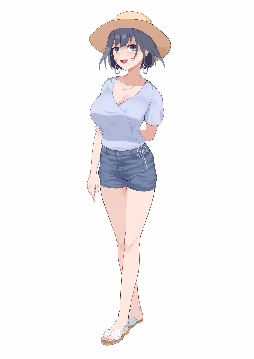 :d absurdres alternate_costume arm_behind_back blue_eyes blue_hair blue_shorts breasts casual crossed_legs earrings female hat highres hololive hololive_english hoop_earrings jewelry large_breasts ouro_kronii purple_shirt sandals shift_(shiftillust) shirt short_hair short_shorts shorts simple_background smile solo sun_hat watson_cross white_background