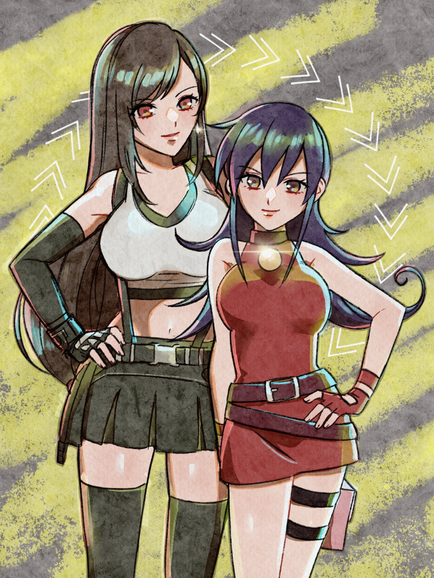 2girls bare_shoulders belt belt_buckle black_gloves black_hair black_skirt black_sports_bra black_thighhighs bracelet breasts buckle closed_mouth commentary_request cowboy_shot crop_top dress duel_masters earrings elbow_gloves final_fantasy final_fantasy_vii final_fantasy_vii_rebirth final_fantasy_vii_remake fingerless_gloves glint gloves hand_on_own_hip height_difference highres jewelry large_breasts long_hair looking_at_viewer low-tied_long_hair midriff miniskirt multiple_girls navel red_dress red_eyes red_gloves rena_s1226 single_earring skirt sleeveless sleeveless_dress smile sports_bra suspender_skirt suspenders swept_bangs tank_top tasogare_mimi thigh_strap thighhighs tifa_lockhart white_tank_top zettai_ryouiki