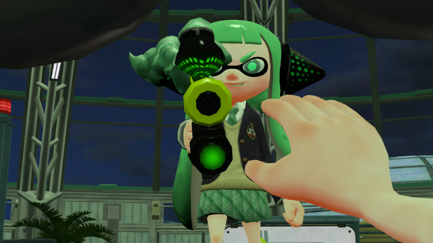 3d_(artwork) bottomwear cephalopod clothing digital_media_(artwork) duo female first_person_view goggles_(splatoon) green_clothing green_eyes green_goo hero_shot hi_res hybrid inkling male marine mollusk nintendo octarian octoling possession sanitized sanitized_inkling sanitized_octarian sanitized_octoling skirt source_filmmaker_(artwork) splatoon sylv_ink_(artist) sylv_ink_(character)