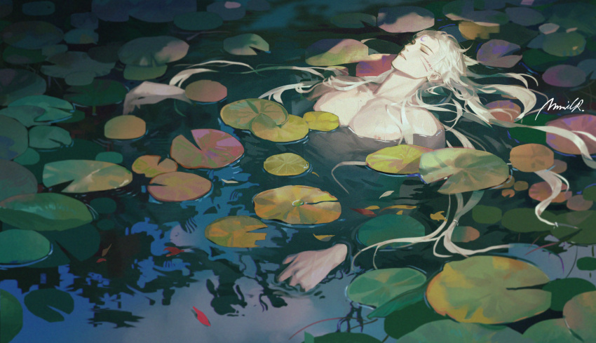 1boy afloat artist_name closed_eyes commentary_request facial_mark forehead_mark highres inuyasha lily_pad long_hair male_focus mmmilk nude outdoors parted_bangs parted_lips partially_submerged pointy_ears pond reflection sesshoumaru signature solo very_long_hair white_hair