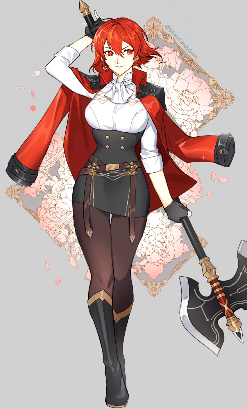 >:) absurdres alternate_costume ascot axe belt black_footwear black_gloves black_skirt boots brown_belt brown_pantyhose commission female fire_emblem fire_emblem:_mystery_of_the_emblem fire_emblem:_three_houses full_body garreg_mach_monastery_uniform gloves grey_background high-waist_skirt highres holding holding_axe holding_weapon jacket jacket_on_shoulders long_sleeves minerva_(fire_emblem) miniskirt pantyhose pencil_skirt pixiv_commission red_eyes red_hair red_jacket shirt short_hair silvercandy_gum skirt solo standing v-shaped_eyebrows weapon white_ascot white_shirt