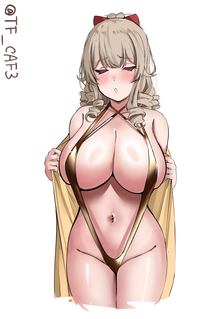 absurdres alternate_breast_size bikini blue_eyes blush breasts collarbone drill_hair female gold_bikini hair_ribbon haori hatakaze_(kancolle) highres japanese_clothes kantai_collection kimono large_breasts light_brown_hair long_hair looking_at_viewer meiji_schoolgirl_uniform navel open_clothes open_kimono ponytail ribbon shiny_swimsuit slingshot_swimsuit solo swimsuit tf_cafe twitter_username white_background