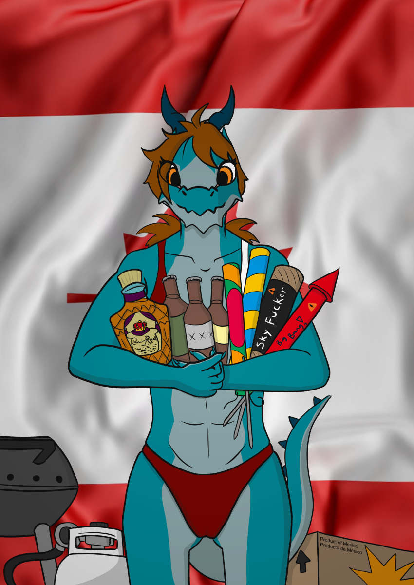 2024 absurd_res alcohol anthro barbecue beverage bikini bikini_bottom blue_horn box canada canada_day canadian_flag clothed clothing container countershade_torso countershading crown_royal digital_drawing_(artwork) digital_media_(artwork) dragon english_text female fireworks flag flag_background flawedspirit front_view hair hi_res holding_object holidays horn looking_at_viewer mythological_creature mythological_scalie mythology orange_eyes orange_hair portrait propane_tank scalie selena_(flawedspirit) solo spanish_text standing swimwear tail teal_body teal_scales text two-piece_swimsuit