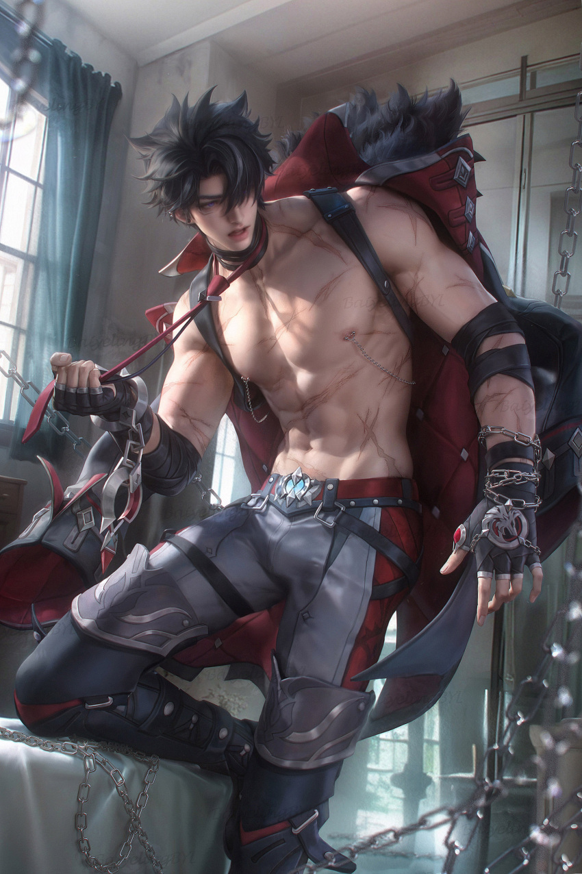 1boy absurdres baiyelingbyl black_gloves black_hair black_pants chains collar collarbone curtains genshin_impact gloves hair_over_one_eye highres indoors male_focus navel nipple_chain nipples pants realistic red_collar scar scar_on_stomach solo strap toned toned_male topless_male wriothesley_(genshin_impact)