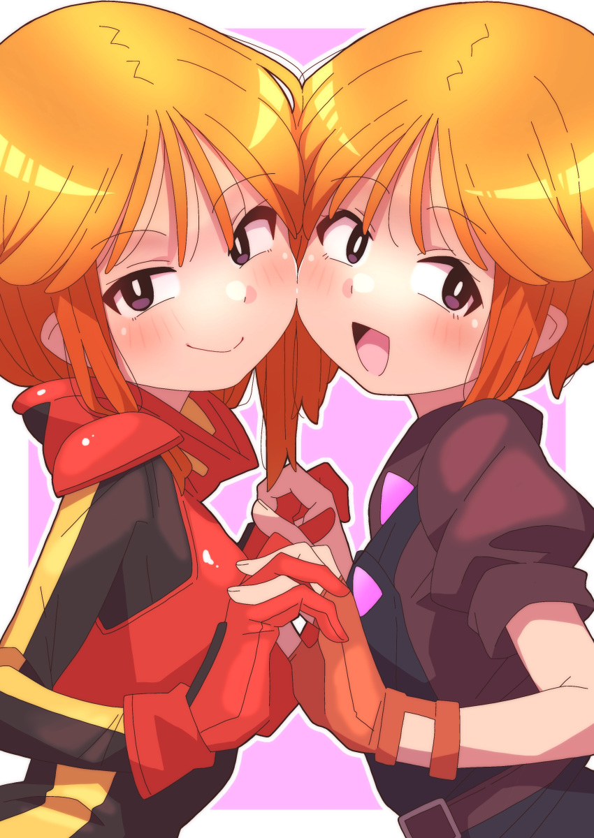 2girls absurdres blush bodysuit bright_pupils elpeo_puru eyebrows_hidden_by_hair face-to-face fingerless_gloves gloves gundam gundam_zz hair_between_eyes highres holding_hands interlocked_fingers looking_at_viewer multiple_girls onimaru_(onimal7802) open_mouth orange_hair pilot_suit purple_eyes puru_two short_hair sidelocks smile upper_body white_pupils