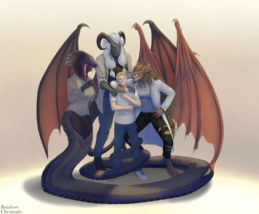 anthro apode b-man bat beelzebub_(jasonvuk666) demon draconcopode dragon family female group hi_res human issabella_(jasonvuk666) larger_female leaf-nosed_bat legless male male/female mammal microbat mythological_creature mythological_scalie mythology naga rainbow_chromatic reptile scalie serpenterra_(jasonvuk666) serpentine size_difference snake tail tail_hug vampire_bat wings yangochiropteran