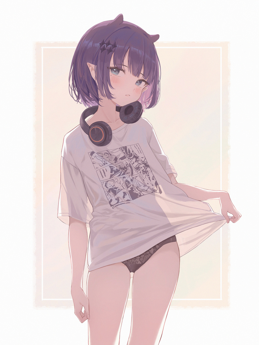 :< absurdres animal_ears black_panties blue_eyes blunt_bangs blush closed_mouth clothes_pull collarbone cowboy_shot female hair_ornament headphones headphones_around_neck highres hololive hololive_english knees_out_of_frame lace lace_panties light_blush looking_at_viewer midori_xu mole mole_under_eye ninomae_ina'nis ninomae_ina'nis_(loungewear) no_pants official_alternate_costume official_alternate_hairstyle panties pointy_ears purple_hair see-through shirt shirt_pull short_hair short_sleeves sidelocks simple_background solo standing symbol-shaped_pupils t-shirt underwear virtual_youtuber white_background white_shirt