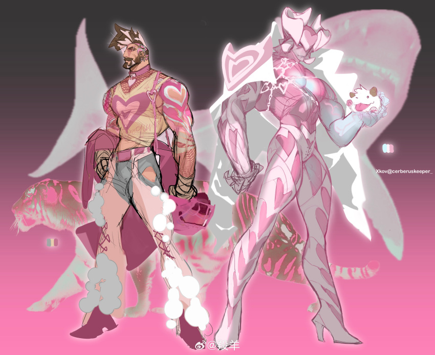 2boys aatrox absurdres alternate_costume bara beard colored_skin creature curled_horns demon_boy denim fabulous facial_hair fishnet_cutout fishnet_sleeves fishnets full_beard full_body high_heels highres horns jeans large_pectorals league_of_legends male_focus mature_male mohawk monster_boy multiple_boys muscular muscular_male pantheon_(league_of_legends) pants pectorals pink_skin pink_theme profile standing streaked_beard thick_eyebrows v-taper xkov_(cerberuskeeper)