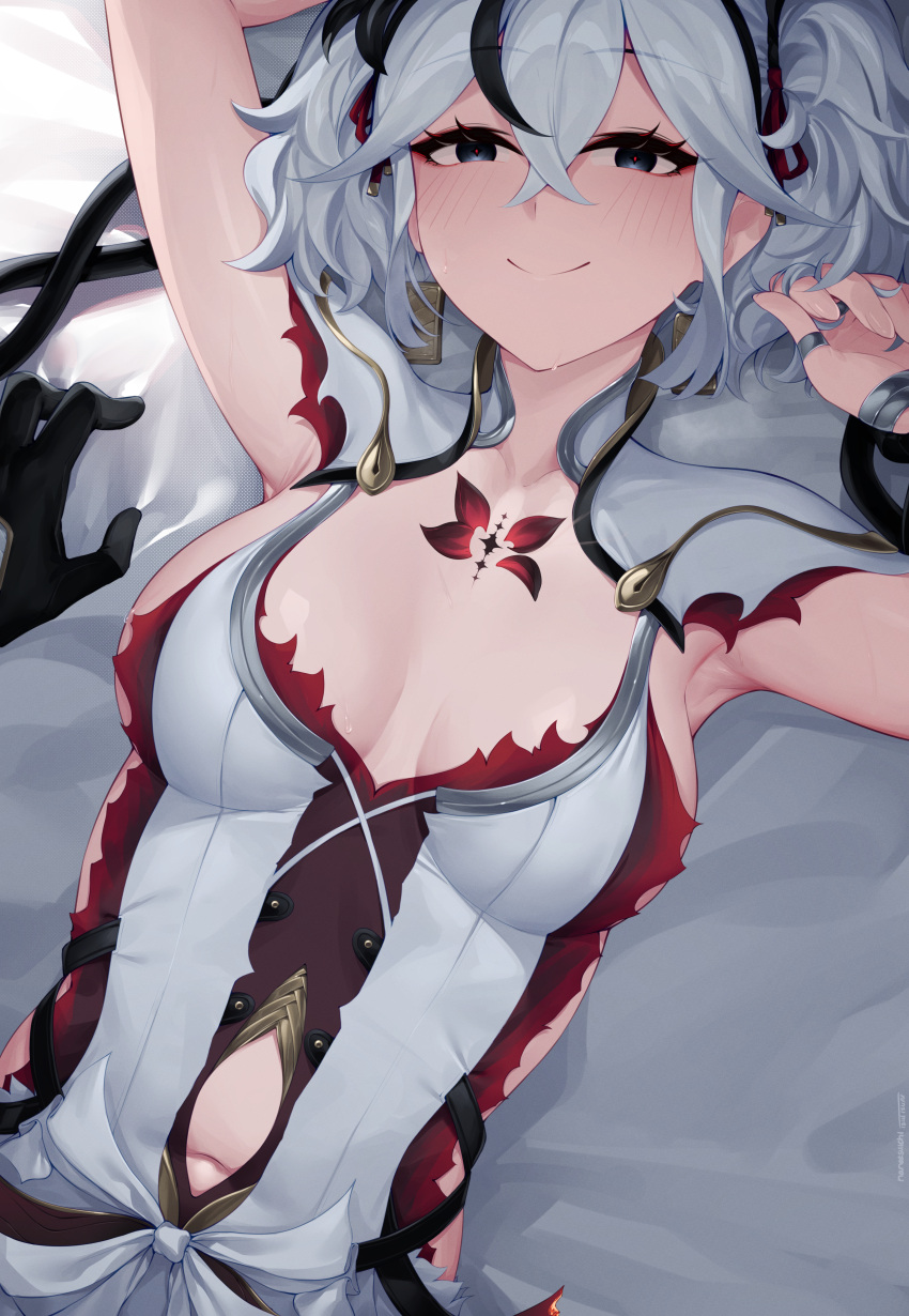 absurdres armpits arms_up black_flower breasts camellya_(wuthering_waves) crossed_bangs dress female flower hair_between_eyes hair_ornament highres izulizuru jewelry looking_at_viewer lying multicolored_hair navel pov pov_hands red_pupils short_twintails smile solo stomach streaked_hair sweat twintails white_dress white_hair wuthering_waves