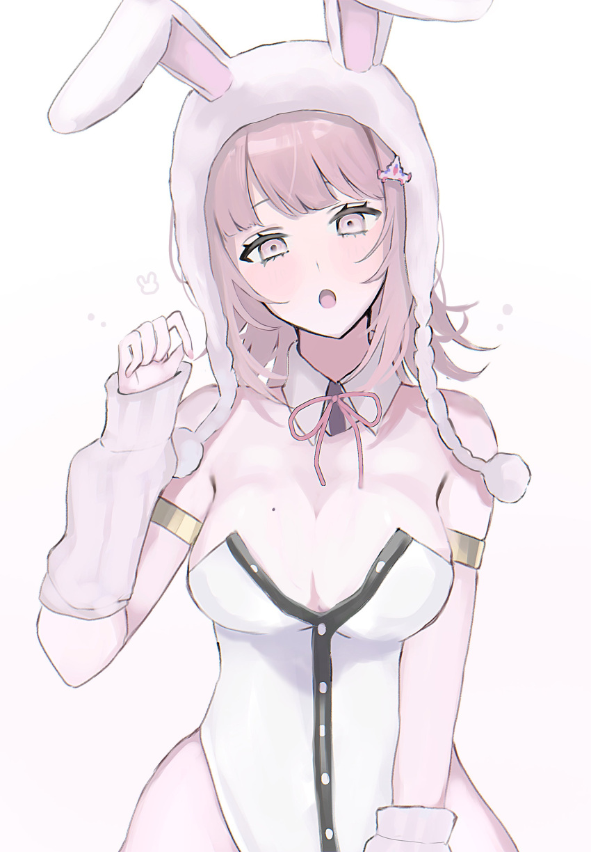 :o absurdres animal_ears animal_hood armlet bare_shoulders black_leotard breasts brown_hair cleavage cowboy_shot danganronpa_(series) danganronpa_2:_goodbye_despair fake_animal_ears female hand_up highres hood large_breasts leotard medium_hair nanami_chiaki pink_eyes rabbit_ears rabbit_hood shima_(fm_90mhz) solo spaceship_hair_ornament white_leotard