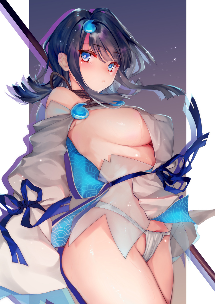 bare_shoulders black_hair blue_eyes blue_ribbon blush border breasts closed_mouth dress fate/grand_order fate/requiem fate_(series) female fundoshi gradient_background grey_background highres japanese_clothes large_breasts long_sleeves looking_at_viewer magatama multicolored_hair obiwan pink_hair polearm puffy_long_sleeves puffy_sleeves ribbon seigaiha short_dress sideboob sidelocks solo spear streaked_hair thighs two-sided_fabric two-sided_skirt utsumi_erice weapon weisuoxin white_border white_dress