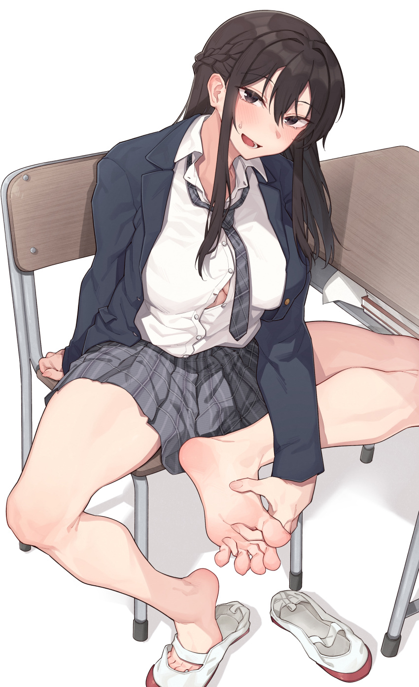 absurdres bare_legs barefoot batatata77 between_toes blush braid breasts chair collared_shirt desk feet female fingers_between_toes full_body grey_necktie grey_skirt hair_between_eyes highres large_breasts legs long_hair looking_at_viewer miniskirt necktie open_mouth original partially_unbuttoned plaid_clothes plaid_skirt pleated_skirt red_footwear school_chair school_desk school_uniform shirt sidelocks sitting skirt soles solo spread_toes sweatdrop thighs toenails toes two-tone_footwear white_background white_footwear white_shirt