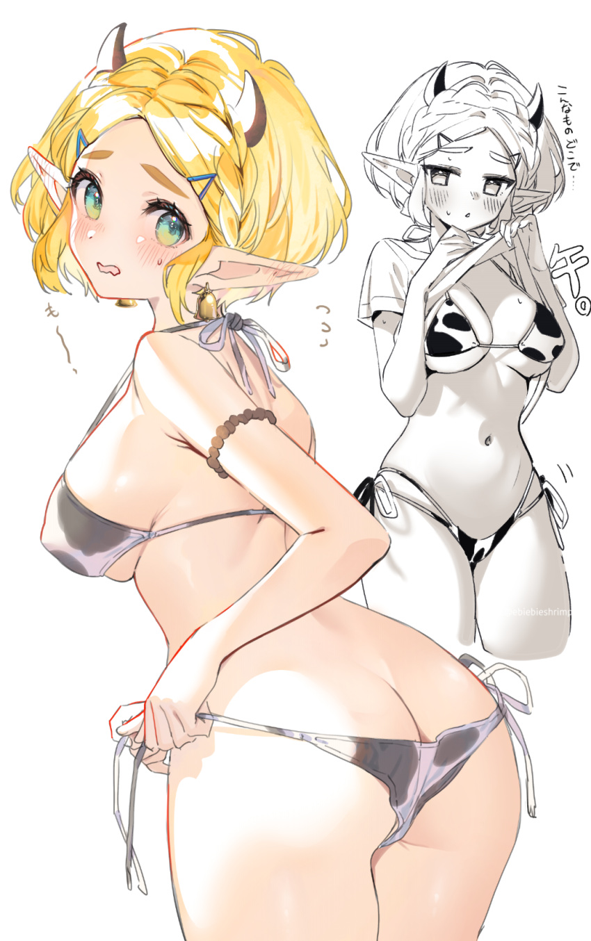 animal_print ass bikini blonde_hair blush braid breasts clothes_lift commentary_request cow_horns cow_print cow_print_bikini crown_braid embarrassed female green_eyes greyscale highres horns large_breasts lifting_own_clothes looking_at_viewer monochrome multiple_views navel parted_bangs pointy_ears princess_zelda print_bikini shirt_lift short_hair shuri_(84k) side-tie_bikini_bottom sideboob swimsuit the_legend_of_zelda the_legend_of_zelda:_tears_of_the_kingdom tying_bikini untied_bikini white_background