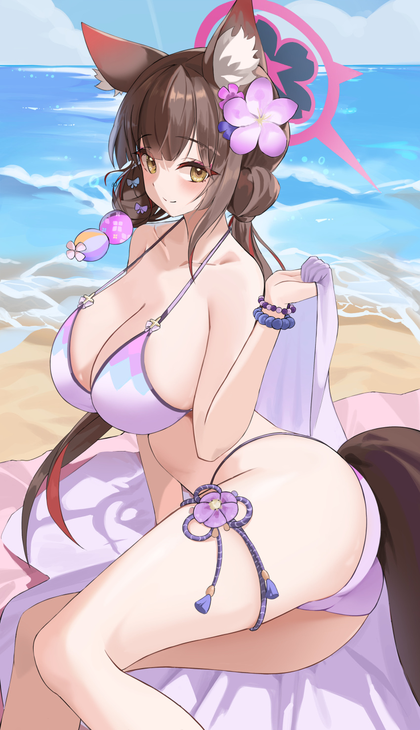 absurdres animal_ear_fluff animal_ears ass bare_arms bare_legs bare_shoulders bikini blue_archive blush breasts brown_hair cleavage closed_mouth day female fox_ears fox_tail halo highres large_breasts long_hair looking_at_viewer lovehaejo official_alternate_costume outdoors pink_halo purple_bikini smile solo swimsuit tail twisted_torso wakamo_(blue_archive) wakamo_(swimsuit)_(blue_archive) yellow_eyes