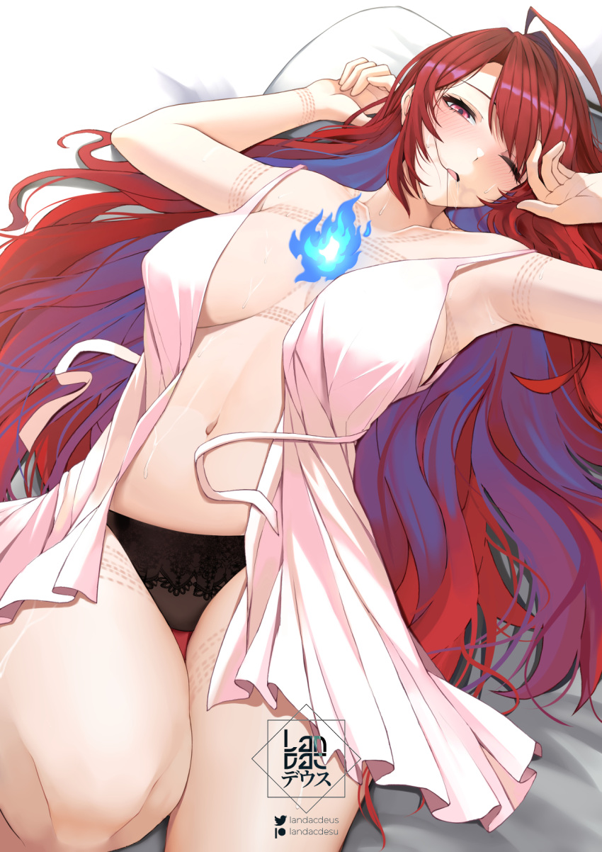 ;o artist_logo black_panties blue_fire blue_hair collarbone colored_inner_hair dress drooling elizabeth_rose_bloodflame female fire highres hololive hololive_english landacdeus long_hair lying multicolored_hair navel on_back one_eye_closed open_clothes open_dress panties red_eyes red_hair saliva solo stomach thighs two-tone_hair underwear very_long_hair virtual_youtuber waking_up