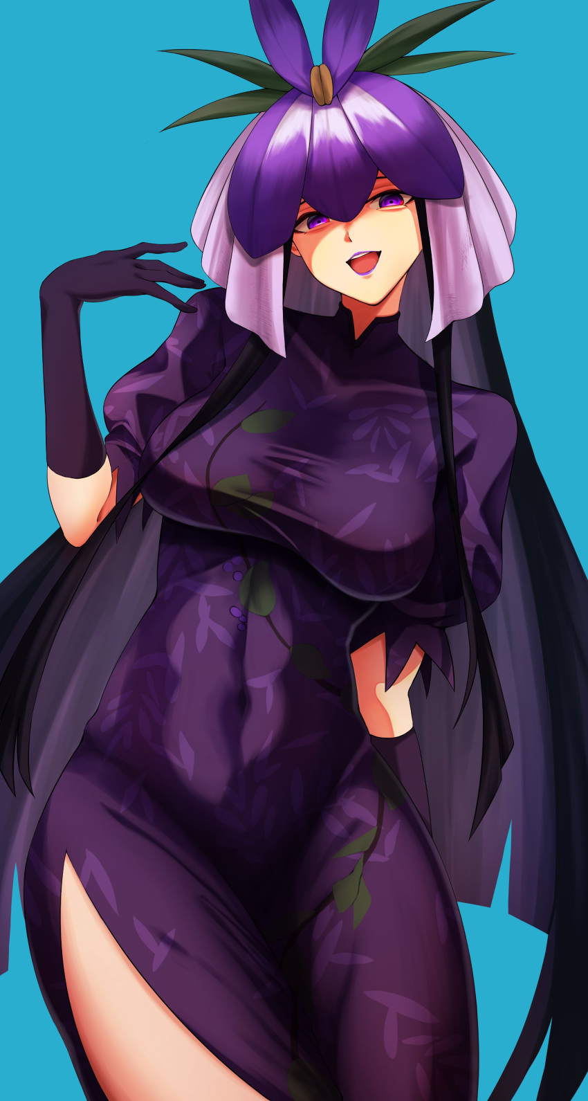 absurdres blurry blurry_background breasts dress elbow_gloves equality_taira female floral_print_dress flower flower_on_head gloves highres looking_at_viewer orchid purple_dress purple_eyes smile solo touhou yomotsu_hisami