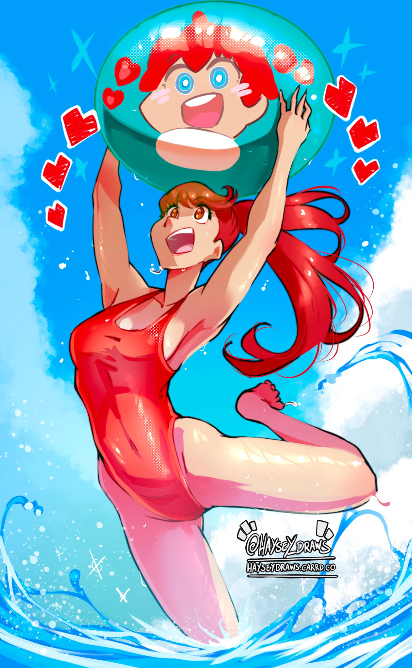 absurdres arms_up artist_logo artist_name ball barefoot beachball breasts cloud cloudy_sky commentary covered_navel day english_commentary feet female haysey highres holding holding_ball holding_beachball jumping one-piece_swimsuit open_mouth outdoors partially_submerged persona persona_5 persona_5_scramble:_the_phantom_strikers red_hair red_one-piece_swimsuit sideboob sky solo sophia_(p5s) standing standing_on_one_leg swimsuit teeth toes upper_teeth_only water yoshizawa_kasumi