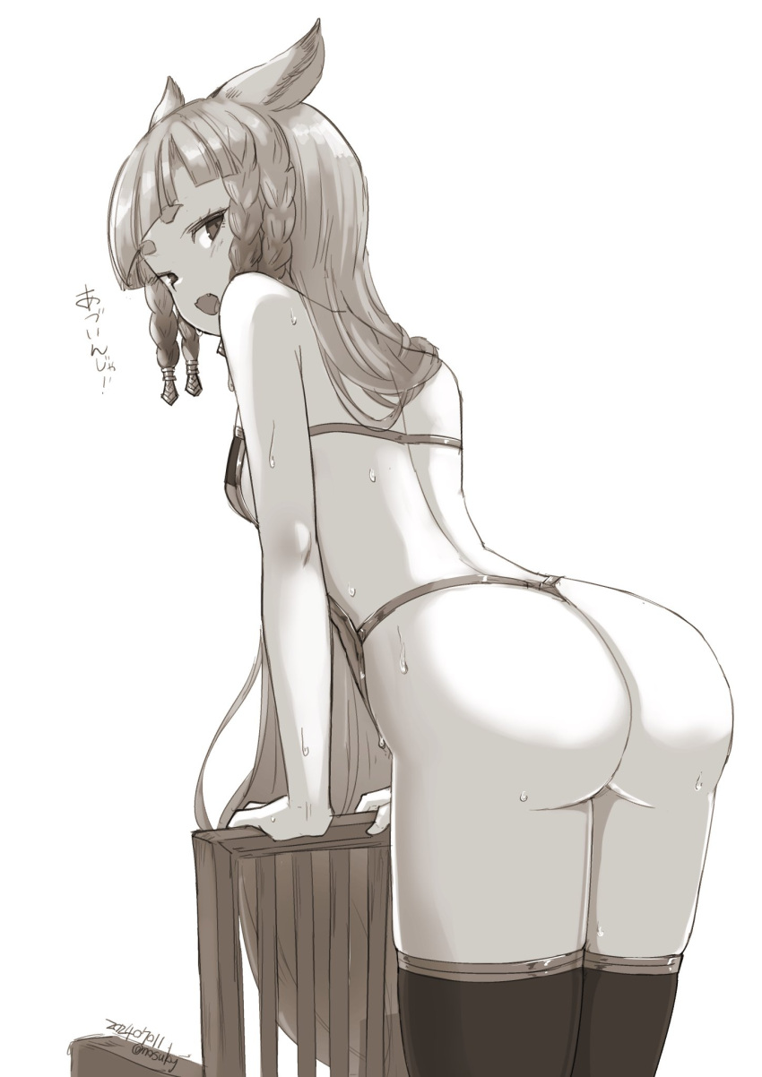 animal_ears ass back backless_outfit bare_shoulders blunt_bangs blush braid breasts erune female fox_ears granblue_fantasy greyscale highres long_hair looking_at_viewer looking_back monochrome nosuku open_mouth pholia short_eyebrows side_braids small_breasts solo swimsuit thighhighs thighs very_long_hair wet