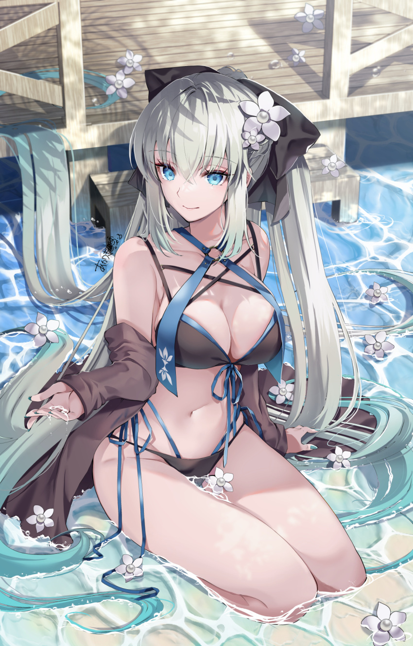 akatsuki_hijiri bare_shoulders bikini black_bikini black_bow black_shirt blue_eyes bow breasts cleavage collarbone fate/grand_order fate_(series) female flower grey_hair hair_flower hair_ornament hairbow highres large_breasts long_hair long_sleeves looking_at_viewer morgan_le_fay_(fate) navel off_shoulder open_clothes ponytail seiza shirt sidelocks sitting smile solo swimsuit thighs very_long_hair water