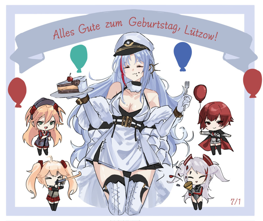 5girls :3 admiral_hipper_(azur_lane) azur_lane balloon birthday_cake blonde_hair bluecher_(azur_lane) boots breasts cake chibi closed_eyes coat collarbone cowboy_shot dated dress earrings eating food food_on_face fork german_text green_eyes grey_dress happy_birthday hat highres holding holding_balloon holding_fork jewelry long_hair mole mole_on_breast multiple_girls party_horn party_popper peaked_cap prinz_eugen_(azur_lane) red_hair short_hair single_earring smile tallinn_(azur_lane) thigh_boots translation_request twintails very_long_hair weser_(azur_lane) white_coat white_dress white_footwear white_hair wrist_cuffs yazu_(zoddiacz)