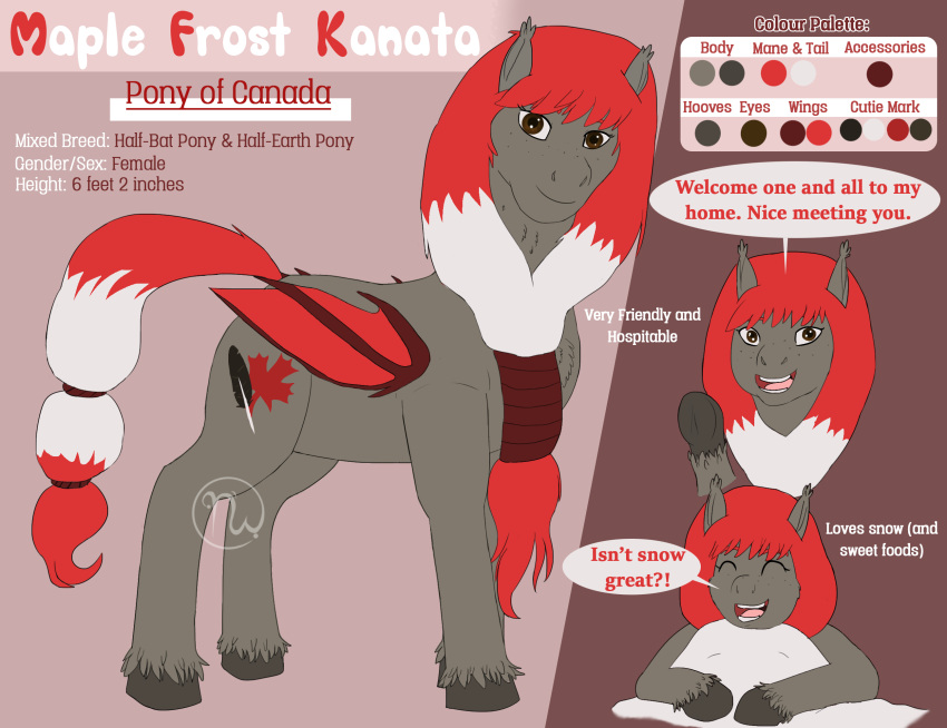 2018 accessory asking bat_pony brown_eyes canada canada_day closed_eyes cloven_hooves colored cutie_mark dialogue digital_media_(artwork) ear_tuft earth_pony english_text equid equine eyelashes fan_character female feral folded_wings freckled_face freckles fur furgonomics gesture grey_body grey_fur grey_hooves hair_accessory hair_tie hasbro hi_res holidays hooves horse hybrid jewelry long_mane long_tail looking_at_viewer mammal mane maple_frost_kanata membrane_(anatomy) membranous_wings model_sheet multicolored_tail my_little_pony open_mouth open_smile pony quadruped red_mane red_tail red_wings ring side_view simple_background skywater smile smiling_at_viewer snow solo speech_bubble standing tail tail_accessory tail_jewelry tail_ring talking_to_viewer teeth text tongue tuft waving waving_at_viewer welcoming white_mane white_tail wings