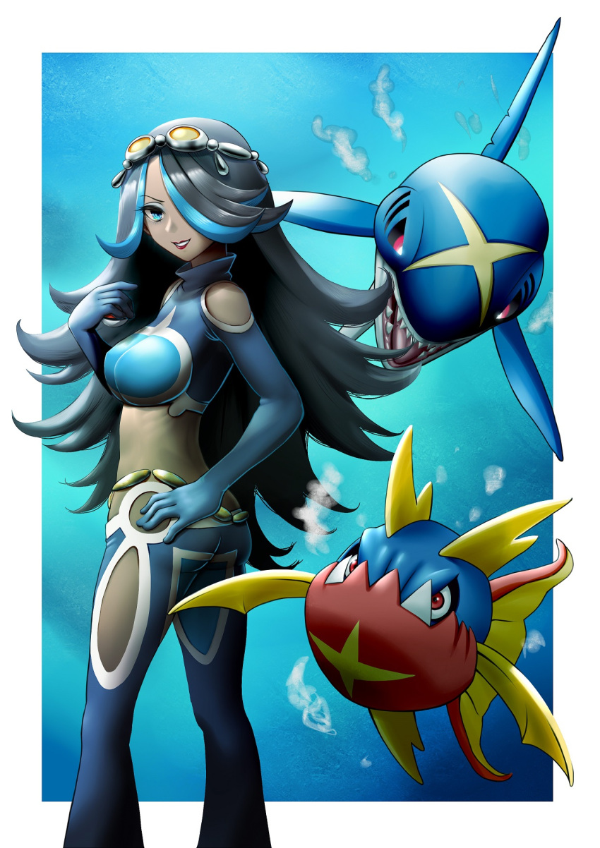 ass big_hair black_hair blue_eyes blue_eyeshadow blue_hair bodysuit breasts bubble carvanha chain_belt clothing_cutout cross_scar dark-skinned_female dark_skin diving_suit eyeshadow fangs female fish from_side gloves goggles goggles_on_head grin hair_over_one_eye hand_on_own_hip highres lips lipstick long_hair makeup medium_breasts midriff multicolored_hair nabe_puyo parted_lips pokemon pokemon_(creature) pokemon_oras red_eyes red_lips ribs scar shark sharp_teeth sharpedo shelly_(pokemon) shoulder_cutout smile team_aqua teeth thigh_cutout two-tone_hair underwater waist_cutout water wetsuit