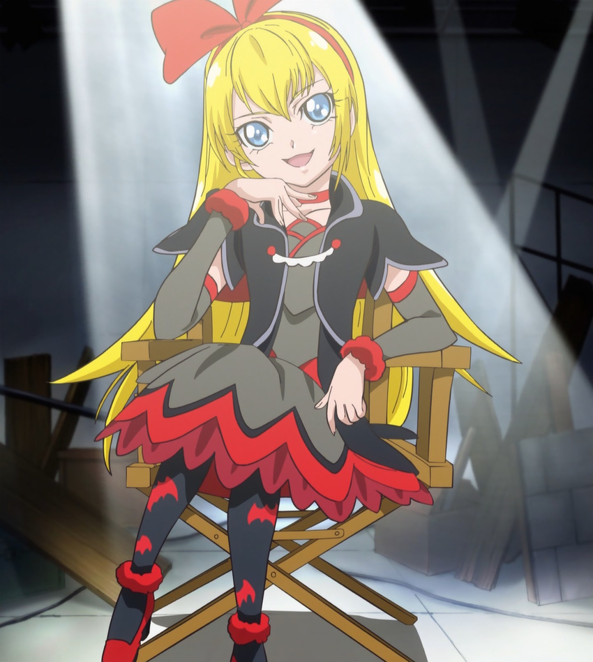 anime_screenshot aqua_eyes black_dress blonde_hair chair director's_chair dokidoki!_precure dress female highres pantyhose precure regina_(dokidoki!_precure) sitting solo spotlight