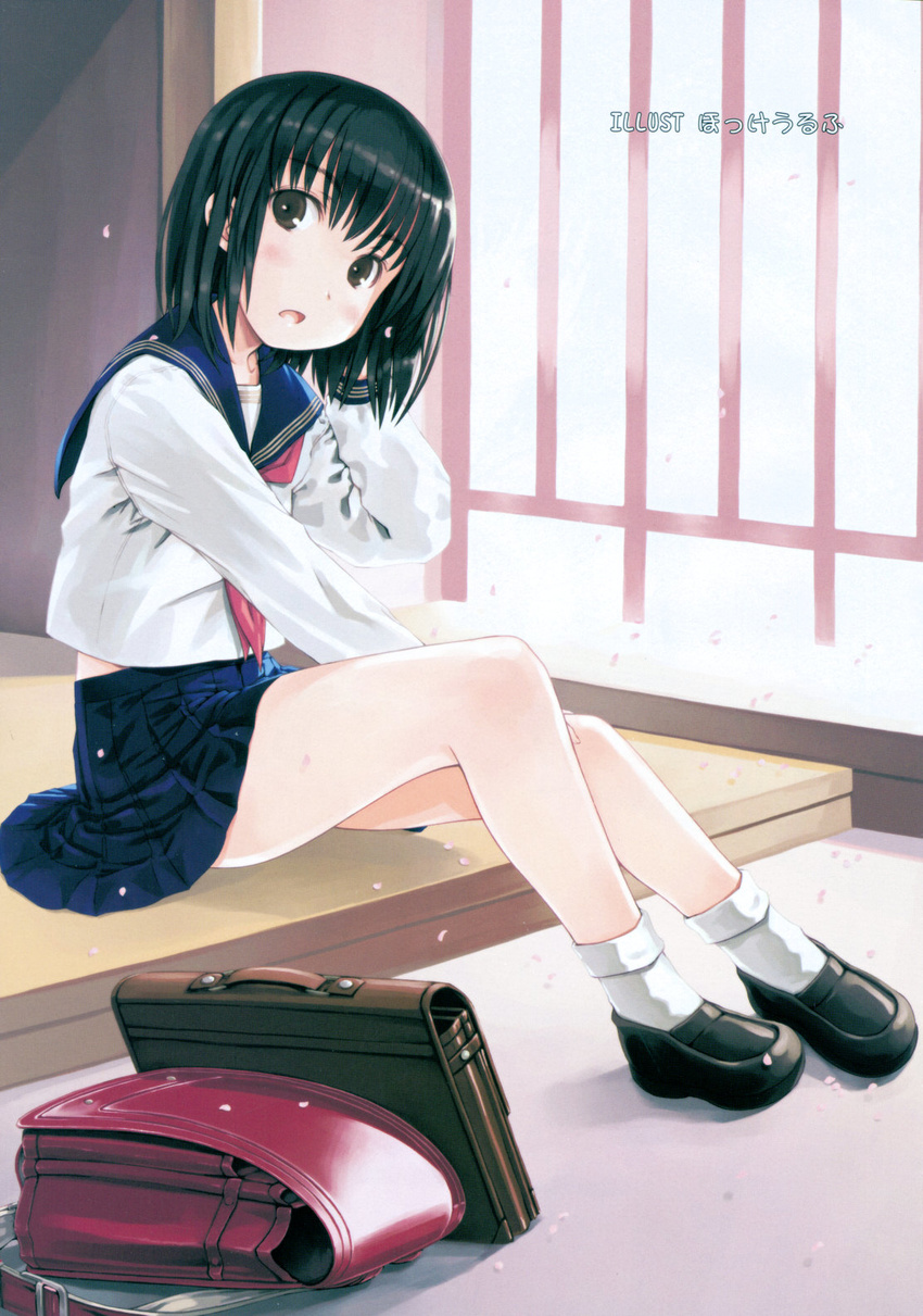 backpack bag between_legs black_hair blush briefcase brown_eyes cherry_blossoms comic_rin female focke_wulf hand_between_legs highres open_mouth petals pleated_skirt randoseru scan school_bag school_briefcase school_uniform serafuku short_hair sitting skirt solo