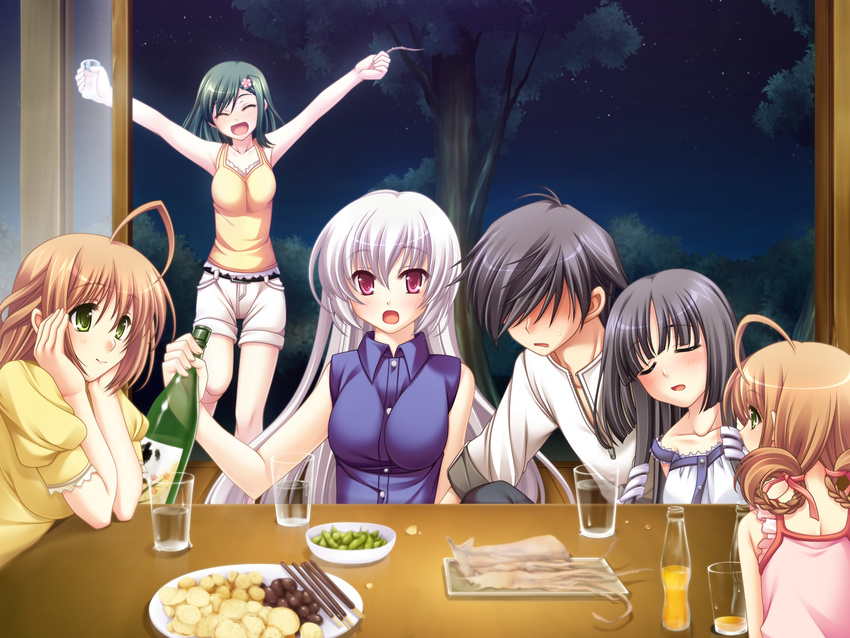 ahoge blush casual closed_eyes drink food ginko_(tasogare_no_sinsemilla) green_eyes group happy iwanaga_satsuki iwanaga_shouko kasuga_iroha long_hair minagami_kousuke minagami_sakuya odawara_hakone open_mouth purple_eyes sake short_hair shorts sitting sky standing star table tasogare_no_sinsemilla tree