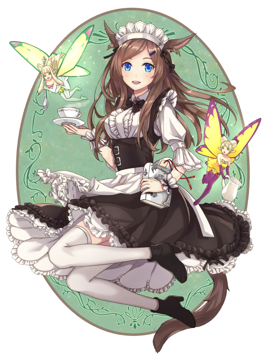 animal_ears blue_eyes blush book boots brown_hair commentary_request cone_hair_bun corset eos_(ff14) fairy female final_fantasy final_fantasy_xiv frills hair_bun hair_ornament hairclip high_heel_boots high_heels highres holding holding_book long_hair looking_at_viewer maid maid_headdress miqo'te open_mouth puffy_sleeves riffey scholar_(final_fantasy) selene_(ff14) sleeves_past_elbows smile solo tail teeth thighhighs warrior_of_light_(ff14) white_thighhighs