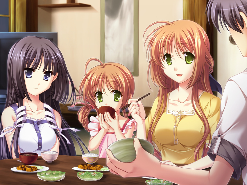 ahoge black_hair blue_eyes brown_hair casual eating green_eyes happy iwanaga_satsuki iwanaga_shouko long_hair minagami_kousuke minagami_sakuya odawara_hakone open_mouth ribbon short_hair sitting smile table tasogare_no_sinsemilla television window