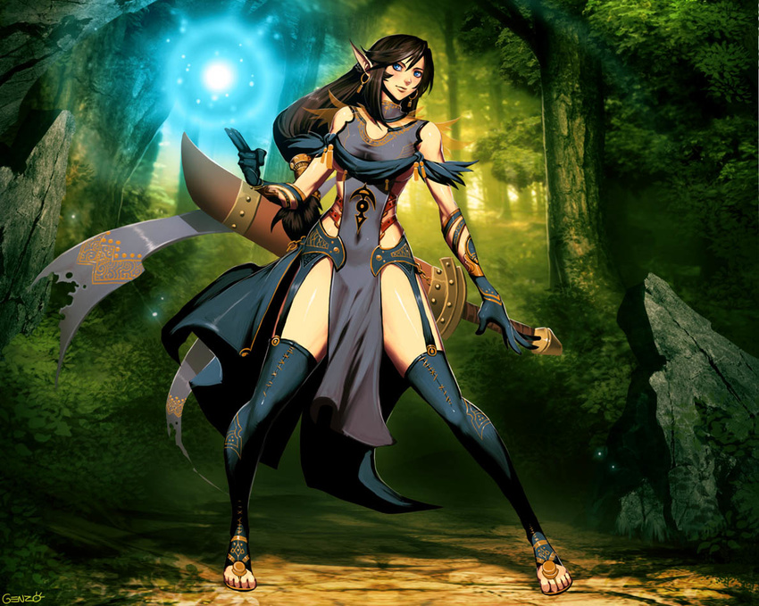 artistic_error blue_eyes breasts castle_age commentary earrings elbow_gloves elf energy_ball english_commentary fantasy female garter_belt genzoman gloves huge_weapon jewelry legs long_hair magic medium_breasts nature photoshop_(medium) pointy_ears sandals sephora_(castle_age) sheath sheathed sword thighhighs thighs underboob weapon