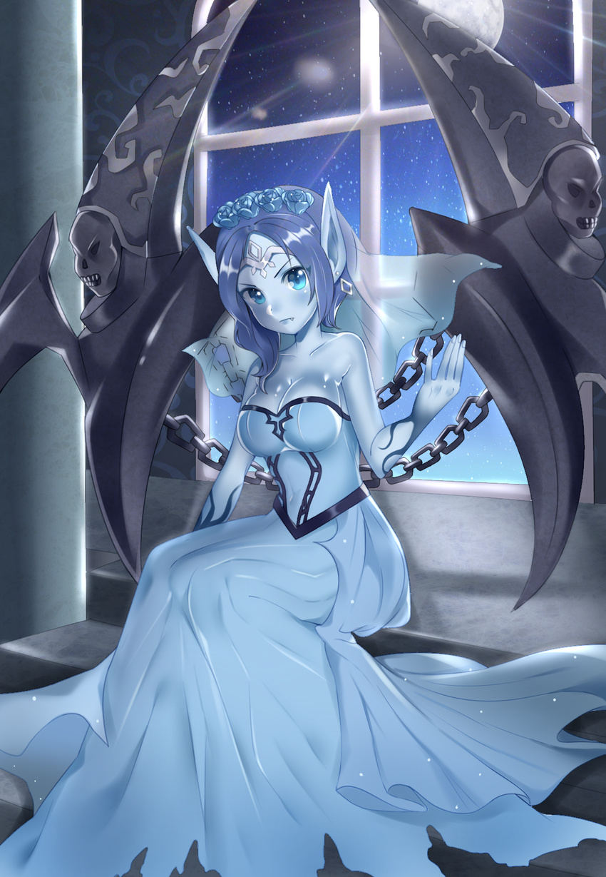 bad_id bad_pixiv_id bare_shoulders blue_dress blue_eyes blue_hair blue_skin breasts bridal_veil circlet cleavage colored_skin commentary_request covered_navel dress earrings female flower full_moon ghost_bride_morgana hair_flower hair_ornament highres jewelry large_breasts league_of_legends moon morgana_(league_of_legends) night night_sky oerba_yun_fang pointy_ears shiny_skin sitting sky solo strapless strapless_dress ubi_(ekdus6080) veil window