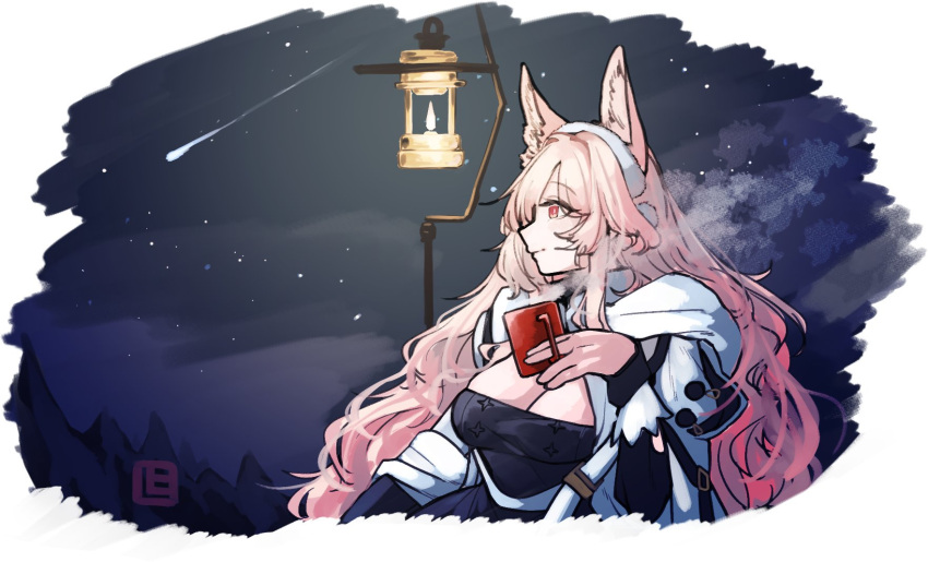 animal_ears arknights black_dress breasts cleavage cup curly_hair dress female highres holding holding_cup jacket lantern long_hair long_sleeves mug night night_sky open_clothes open_jacket outdoors pink_eyes pink_hair pozyomka_(arknights) pozyomka_(snowy_plains_in_words)_(arknights) shima_(wideshi_ma) shooting_star sky solo star_(sky) starry_sky upper_body very_long_hair white_jacket wolf_ears wolf_girl