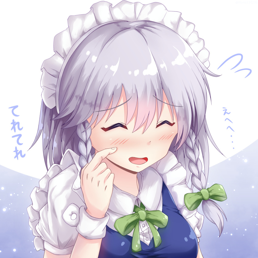 blue_dress blush bow bowtie closed_eyes dress female green_bow green_bowtie grey_hair hair_between_eyes hand_on_own_face hand_up highres izayoi_sakuya open_mouth riretsuto short_hair short_sleeves short_twintails smile solo touhou twintails white_headwear white_sleeves