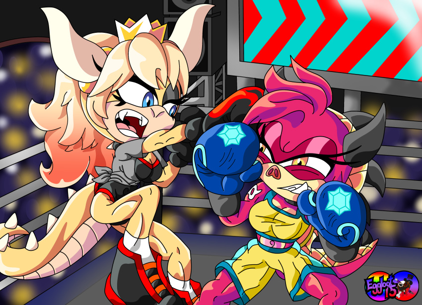 absurd_res anthro armadillo audience black_boots black_clothing black_dress black_footwear blonde_hair blue_eyes boots bowser's_inside_story bowsette_meme boxing boxing_gloves boxing_shorts chain_chomp chains claws clothed clothing collar crown digital_media_(artwork) dragon dress drifa_(eggbot15) duo eggbot15 eyeshadow fan_character feet female fighting_ring footwear fur gold_(metal) gold_crown gold_jewelry group hair handwear headgear hi_res horn jewelry leotard light long_hair looking_at_viewer makeup mammal mario_and_luigi_(series) mario_bros melee_weapon meme multicolored_hair muscular mythological_creature mythological_scalie mythology nintendo pink_body pink_fur pink_hair pink_nose reptile roksana_(eggbot15) scalie sega sharp_teeth shoes smile solo sonic_the_hedgehog_(series) spiked_collar spiked_tail spikes spikes_(anatomy) sport standing suid suina super_crown tail tan_body tan_skin teeth toes tools turtle warthog weapon wrecking_ball xenarthran yellow_eyes