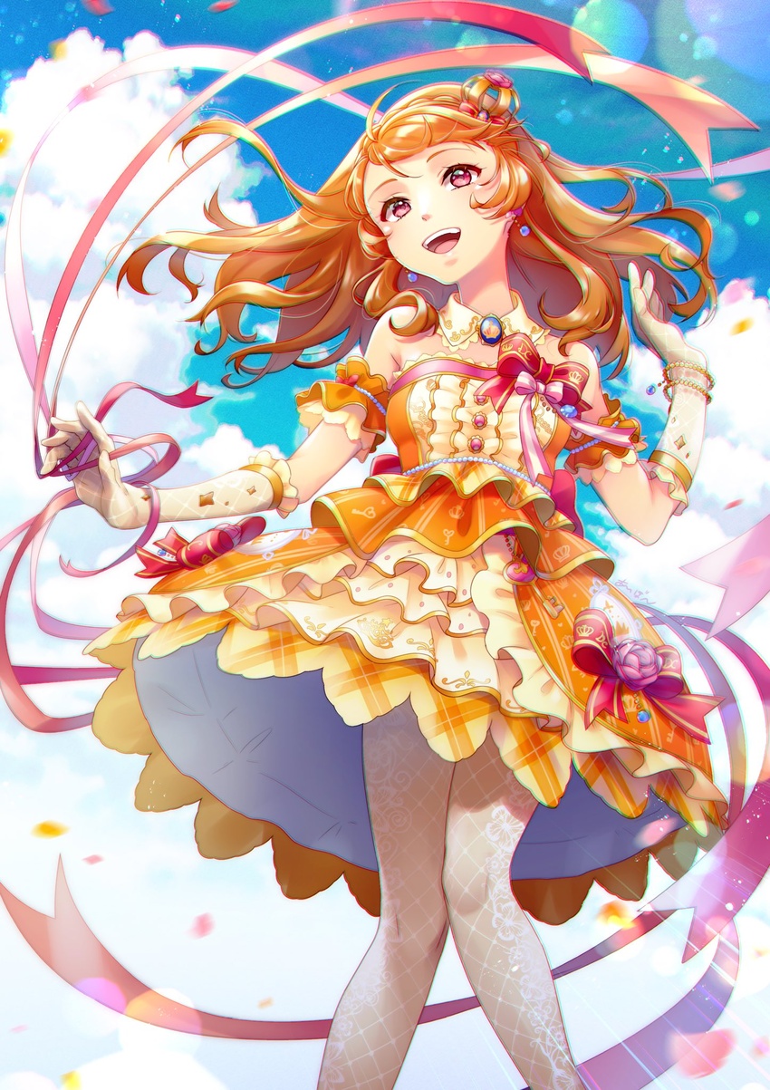 aikatsu!_(series) aikatsu_on_parade! bow dress earrings elbow_gloves female floating_hair frilled_dress frills gloves highres idol idol_clothes jewelry looking_up open_mouth orange_dress orange_hair ozora_akari pantyhose pink_eyes red_eyes red_ribbon ribbon smile solo sorawoyumemiru yellow_gloves