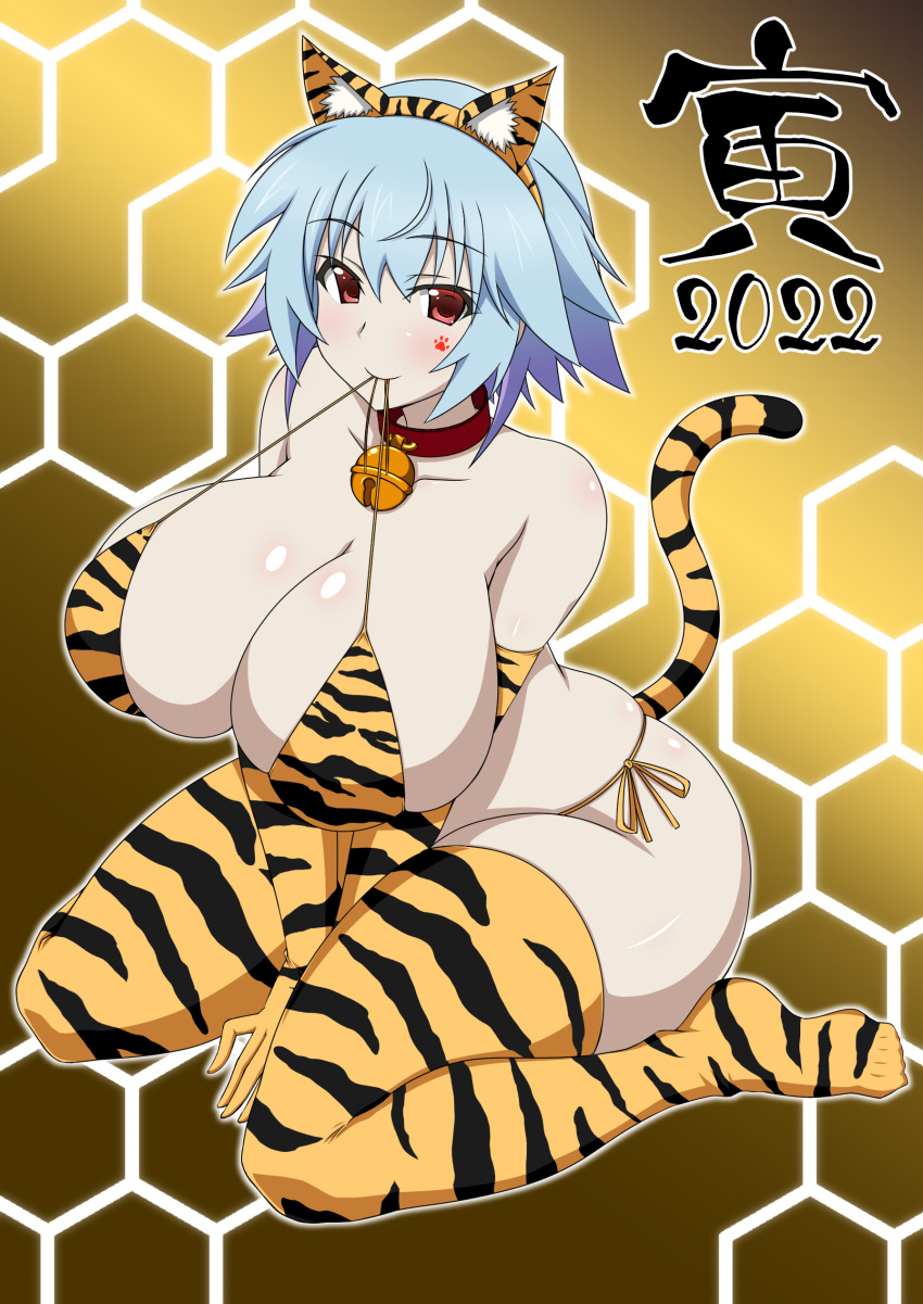 2022 absurdres animal_ears animal_print bell bikini blue_hair breasts chinese_zodiac cleavage fake_animal_ears fake_tail female highres huge_breasts infinite_stratos looking_at_viewer neck_bell red_eyes sarashiki_tatenashi shiny_skin short_hair solo space_gorilla swimsuit tail thighhighs tiger_ears tiger_print tiger_tail year_of_the_tiger