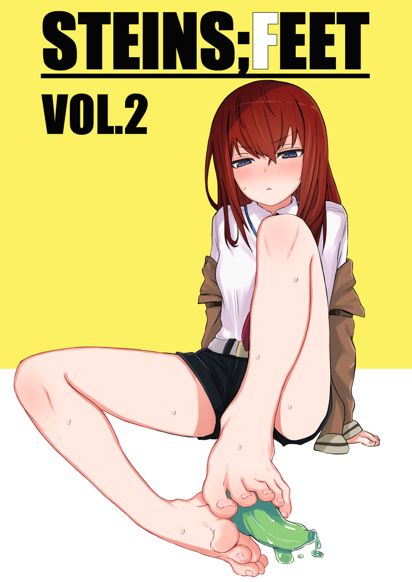 absurdres bad_id bad_pixiv_id bare_legs barefoot belt black_shorts blue_eyes blush breasts collared_shirt commentary_request dark_red_hair english_text feet female foot_focus foreshortening full_body gel_banana hair_between_eyes highres jacket kahlua_(artist) legs long_hair long_sleeves looking_down makise_kurisu off_shoulder red_hair sexually_suggestive shirt short_shorts shorts simple_background sitting small_breasts solo steins;gate straight_hair sweat thighs toes triangle_mouth two-tone_background white_background white_shirt yellow_background