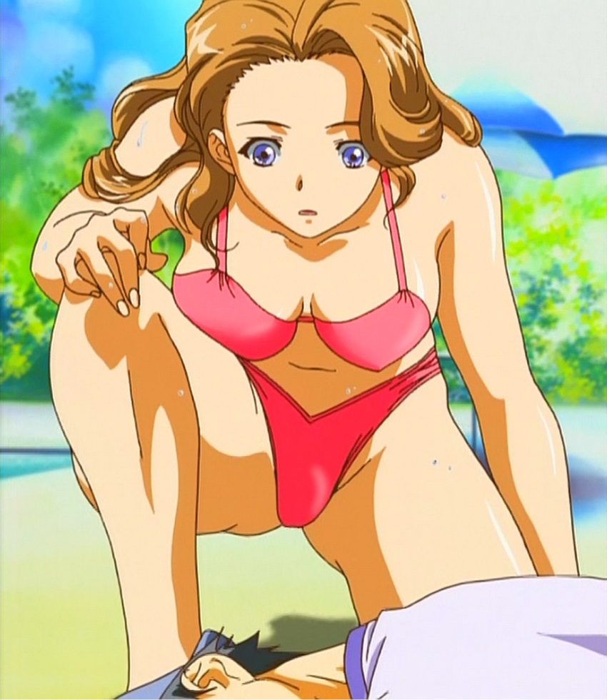 1boy anime_screenshot bikini blue_eyes breasts brown_hair cleavage female highleg highres i"s katsura_masakazu navel non-web_source on_one_knee pink_bikini solo_focus swimsuit