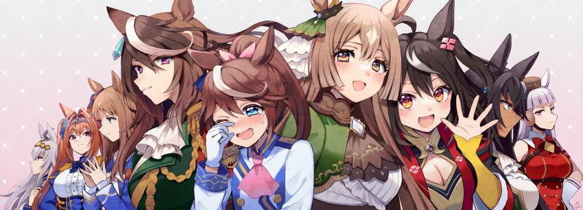 6+girls :d ;d absurdres ahoge aiguillette animal_ears antenna_hair ascot black_hair blue_bow blue_bowtie blue_eyes blue_jacket blunt_bangs blush bow bowtie breasts brown_ascot brown_eyes brown_hair brown_headwear buttons center_frills cleavage commentary cropped_jacket crying daiwa_scarlet_(umamusume) dark-skinned_female dark_skin double-breasted dress ear_ornament earrings epaulettes framed_breasts frilled_shirt frills gloves gold_ship_(umamusume) gold_trim grass_wonder_(umamusume) green_jacket grey_hair gum_(vivid_garden) hair_intakes hair_ornament hairband hairbow half_updo high_ponytail highres horse_ears horse_girl jacket jewelry juliet_sleeves kitasan_black_(umamusume) large_breasts long_hair long_sleeves looking_at_viewer looking_to_the_side multicolored_clothes multicolored_hair multicolored_jacket multiple_girls oerba_yun_fang oguri_cap_(umamusume) one_eye_closed pillbox_hat pink_ascot pink_bow puffy_sleeves purple_eyes red_dress red_eyes satono_diamond_(umamusume) shirt single_earring single_epaulette sleeveless sleeveless_dress smile streaked_hair symboli_kris_s_(umamusume) symboli_rudolf_(umamusume) tiara tokai_teio_(umamusume) trait_connection twintails two-tone_hair two-tone_jacket umamusume underbust upper_body very_long_hair white_ascot white_gloves white_hair white_jacket white_shirt